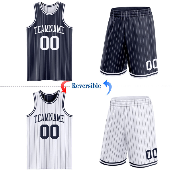 Custom Navy White Pinstripe Reversible Double Side Sublimation Basketball Set Jersey