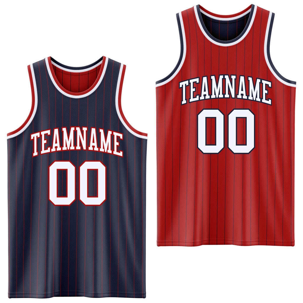 Custom Navy Red Pinstripe-White Reversible Double Side Sublimation Basketball Set Jersey