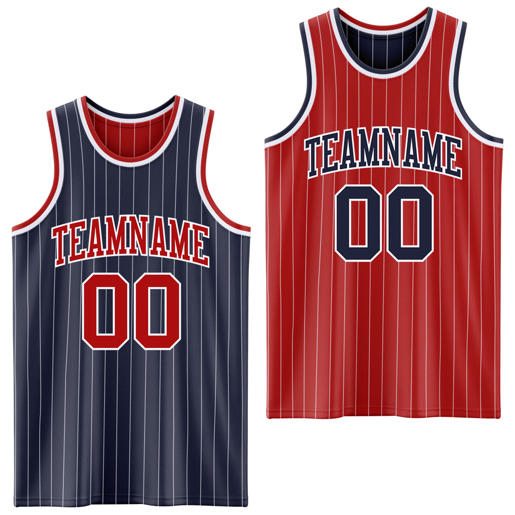 Custom Navy White Pinstripe-Red Reversible Double Side Sublimation Basketball Set Jersey