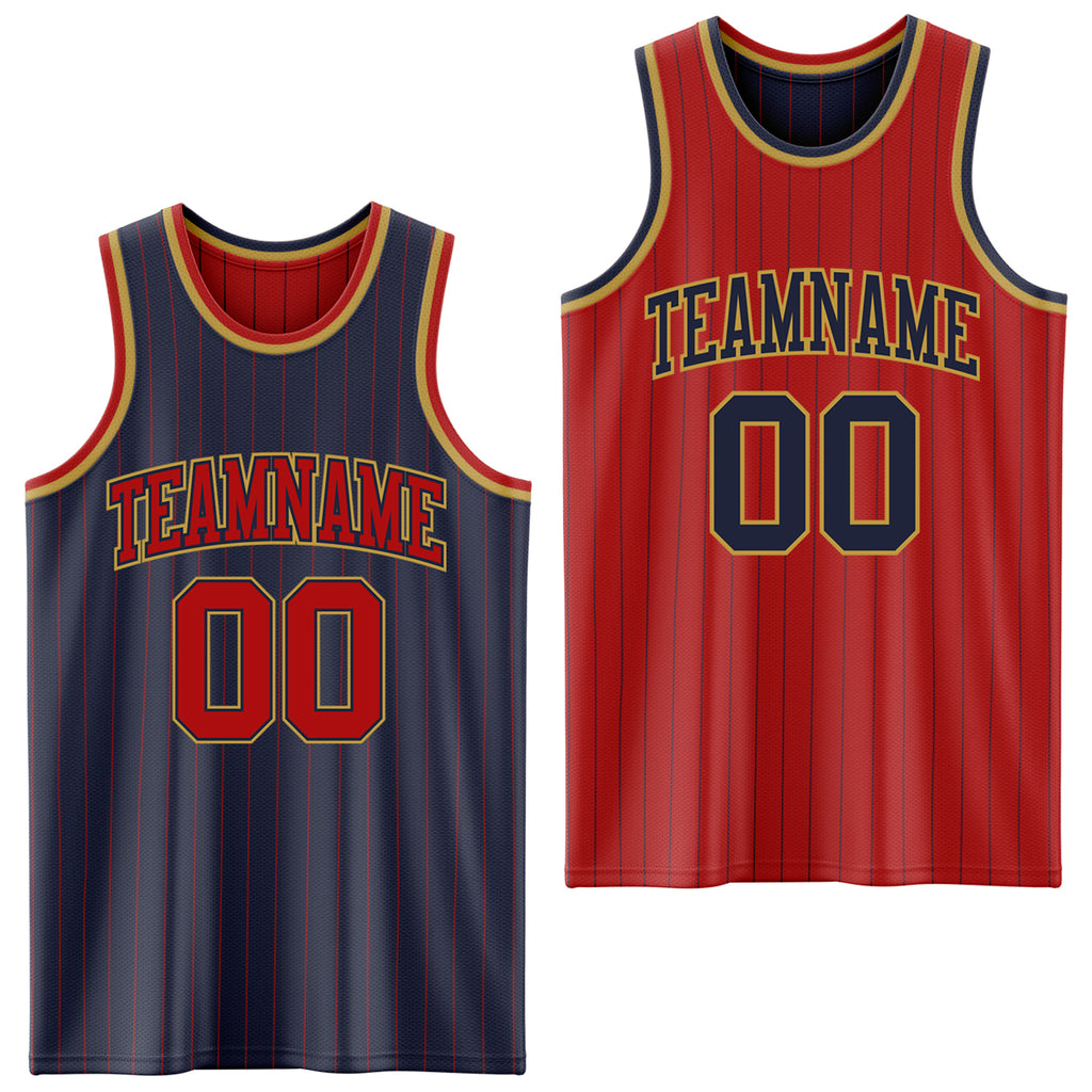 Custom Navy Red Pinstripe-Old Gold Reversible Double Side Sublimation Basketball Set Jersey