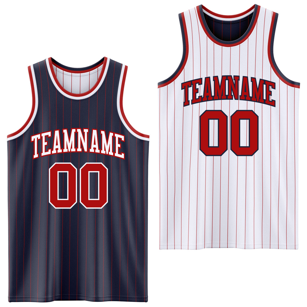 Custom Navy Red Pinstripe-White Reversible Double Side Sublimation Basketball Set Jersey