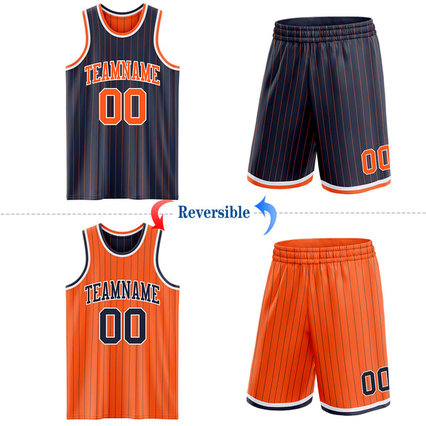 Custom Navy Orange Pinstripe-White Reversible Double Side Sublimation Basketball Set Jersey
