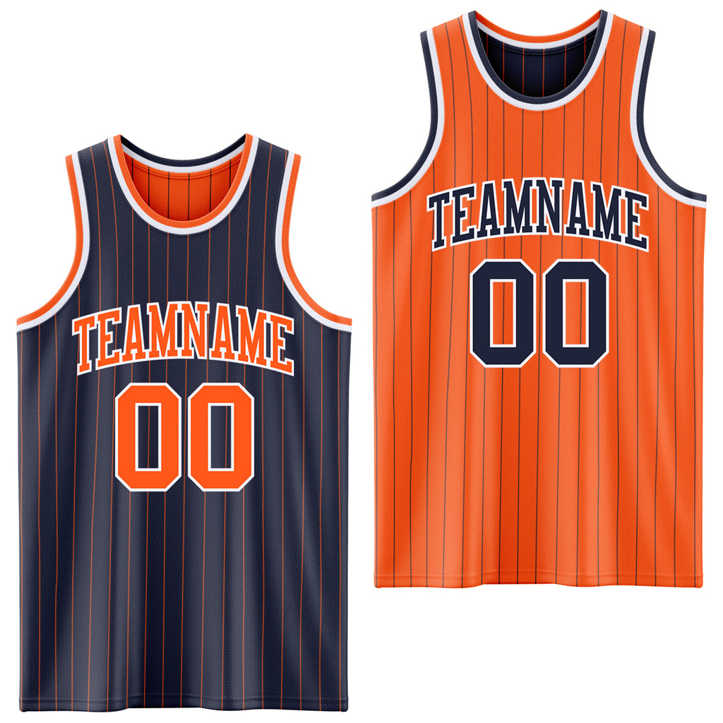 Custom Navy Orange Pinstripe-White Reversible Double Side Sublimation Basketball Set Jersey