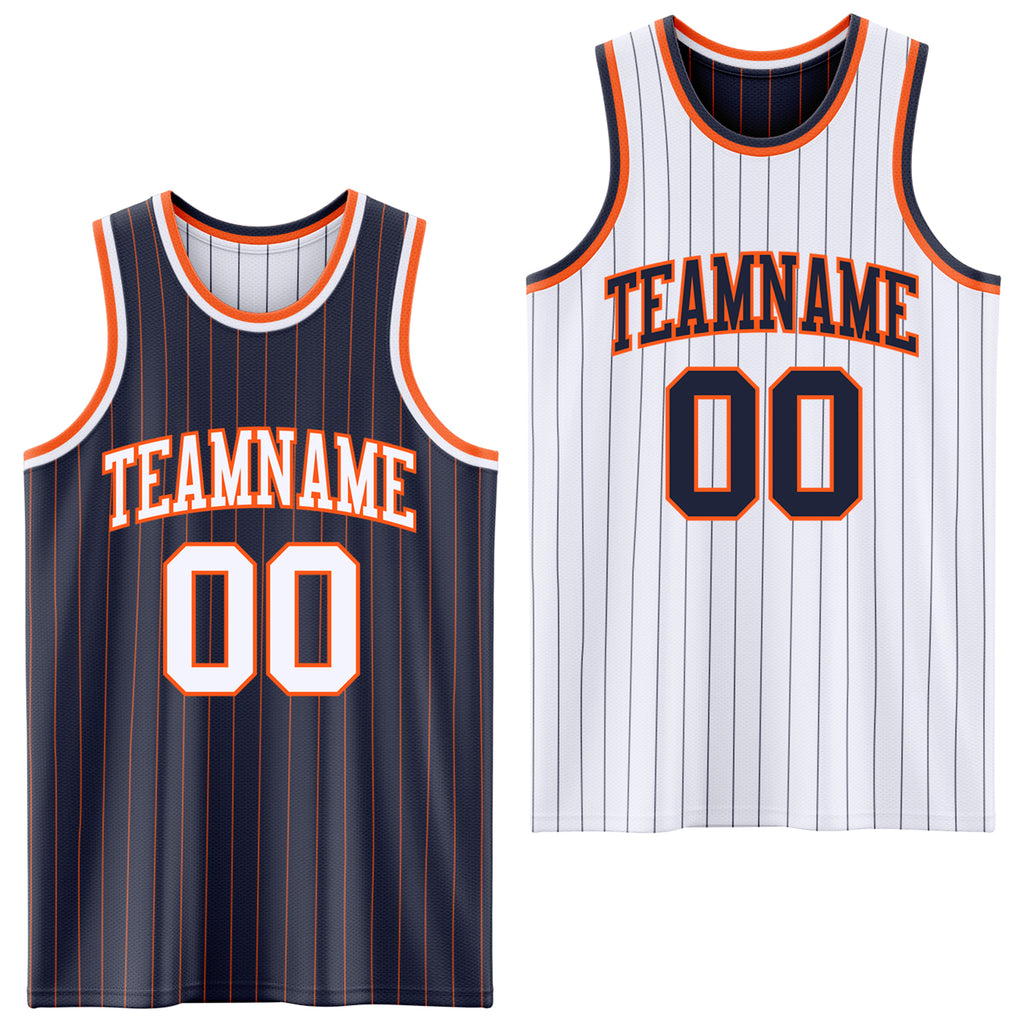 Custom Navy Orange Pinstripe-White Reversible Double Side Sublimation Basketball Set Jersey
