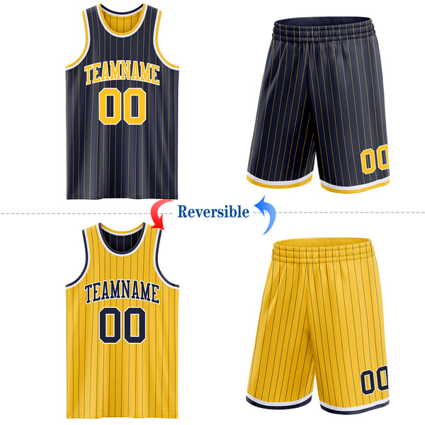 Custom Navy Gold Pinstripe-White Reversible Double Side Sublimation Basketball Set Jersey