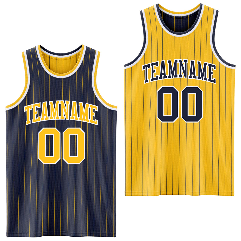 Custom Navy Gold Pinstripe-White Reversible Double Side Sublimation Basketball Set Jersey