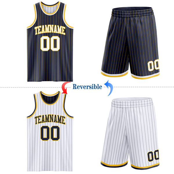 Custom Navy Gold Pinstripe-White Reversible Double Side Sublimation Basketball Set Jersey