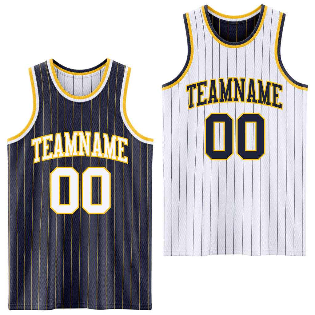 Custom Navy Gold Pinstripe-White Reversible Double Side Sublimation Basketball Set Jersey