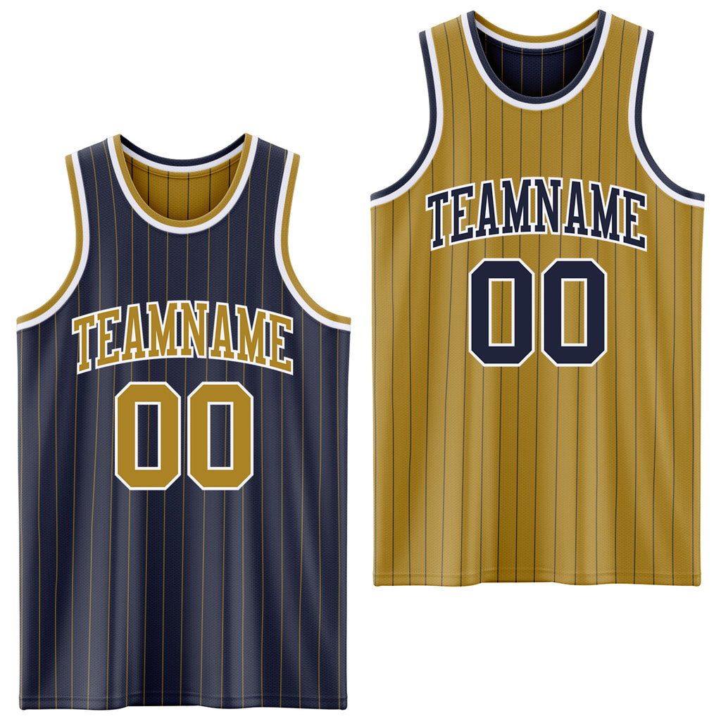 Custom Navy Old Gold Pinstripe-White Reversible Double Side Sublimation Basketball Set Jersey
