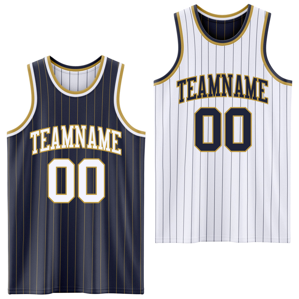 Custom Navy Old Gold Pinstripe-White Reversible Double Side Sublimation Basketball Set Jersey