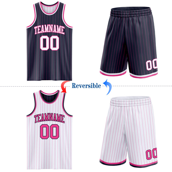 Custom Navy Pink Pinstripe-White Reversible Double Side Sublimation Basketball Set Jersey