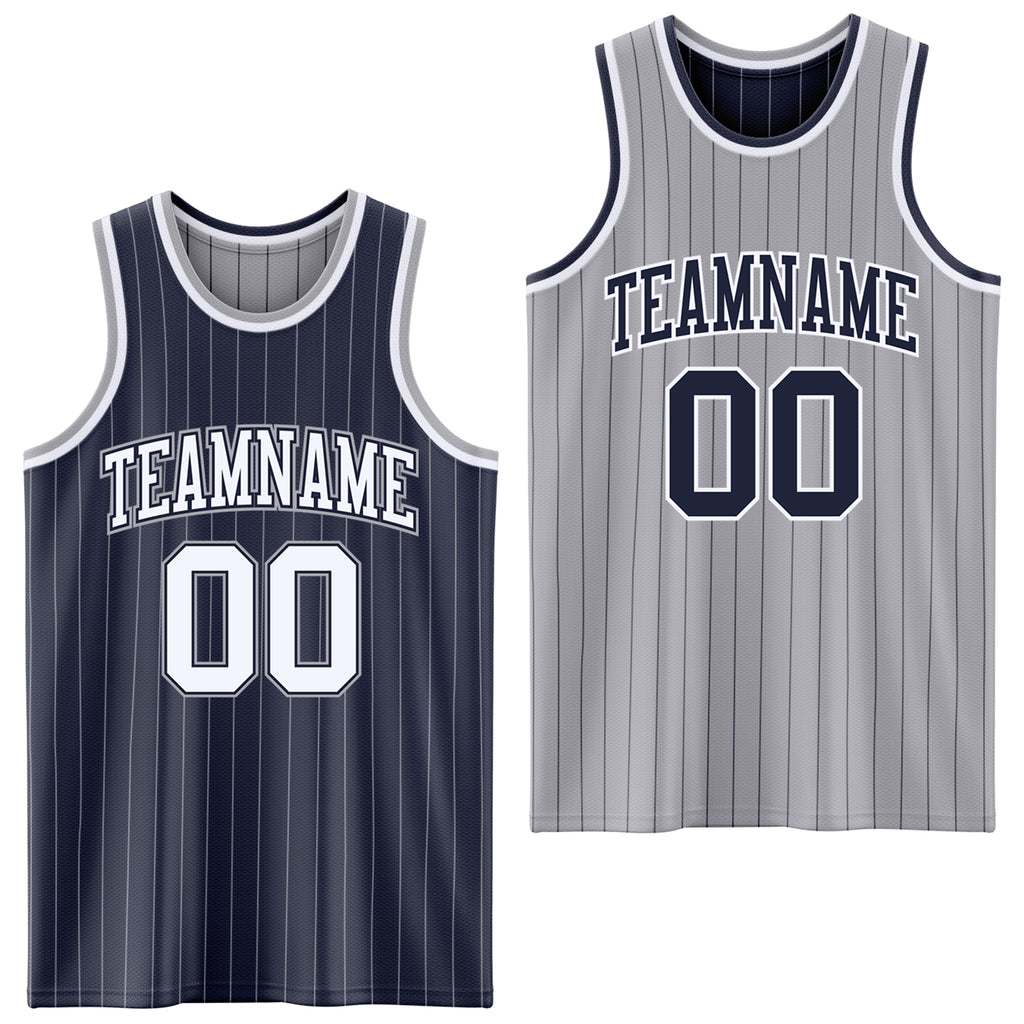Custom Navy Gray Pinstripe-White Reversible Double Side Sublimation Basketball Set Jersey