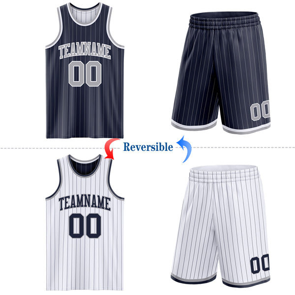 Custom Navy Gray Pinstripe-White Reversible Double Side Sublimation Basketball Set Jersey