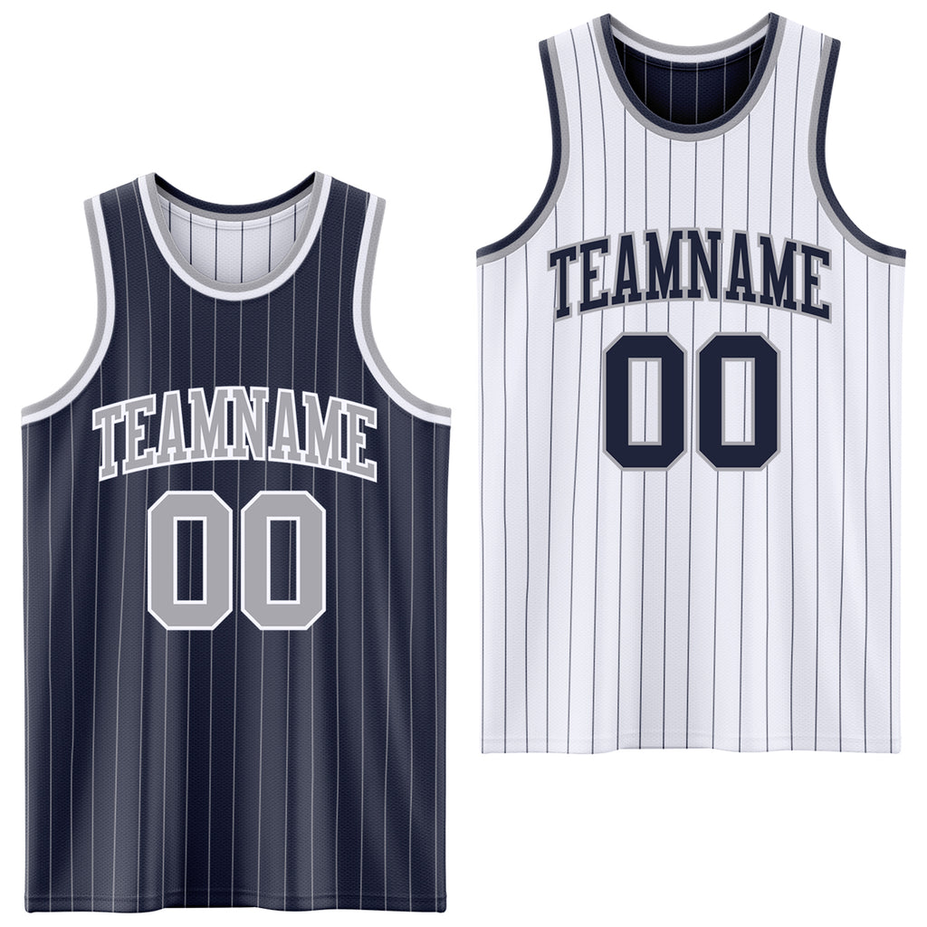 Custom Navy Gray Pinstripe-White Reversible Double Side Sublimation Basketball Set Jersey