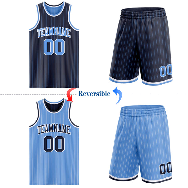 Custom Navy Light Blue Pinstripe-White Reversible Double Side Sublimation Basketball Set Jersey