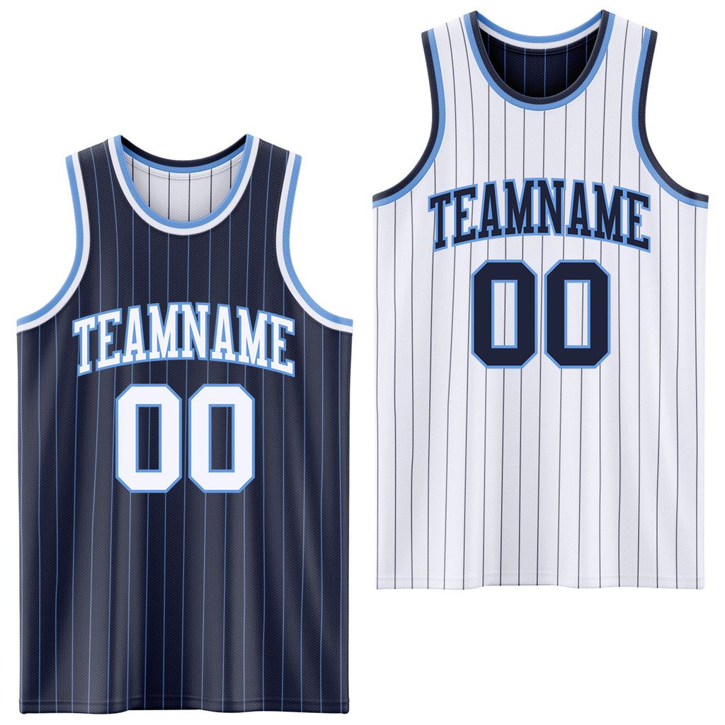 Custom Navy Light Blue Pinstripe-White Reversible Double Side Sublimation Basketball Set Jersey