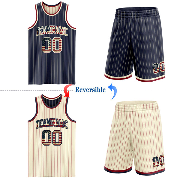Custom Navy Cream Pinstripe Vintage USA Flag-Maroon Reversible Double Side Sublimation Basketball Set Jersey