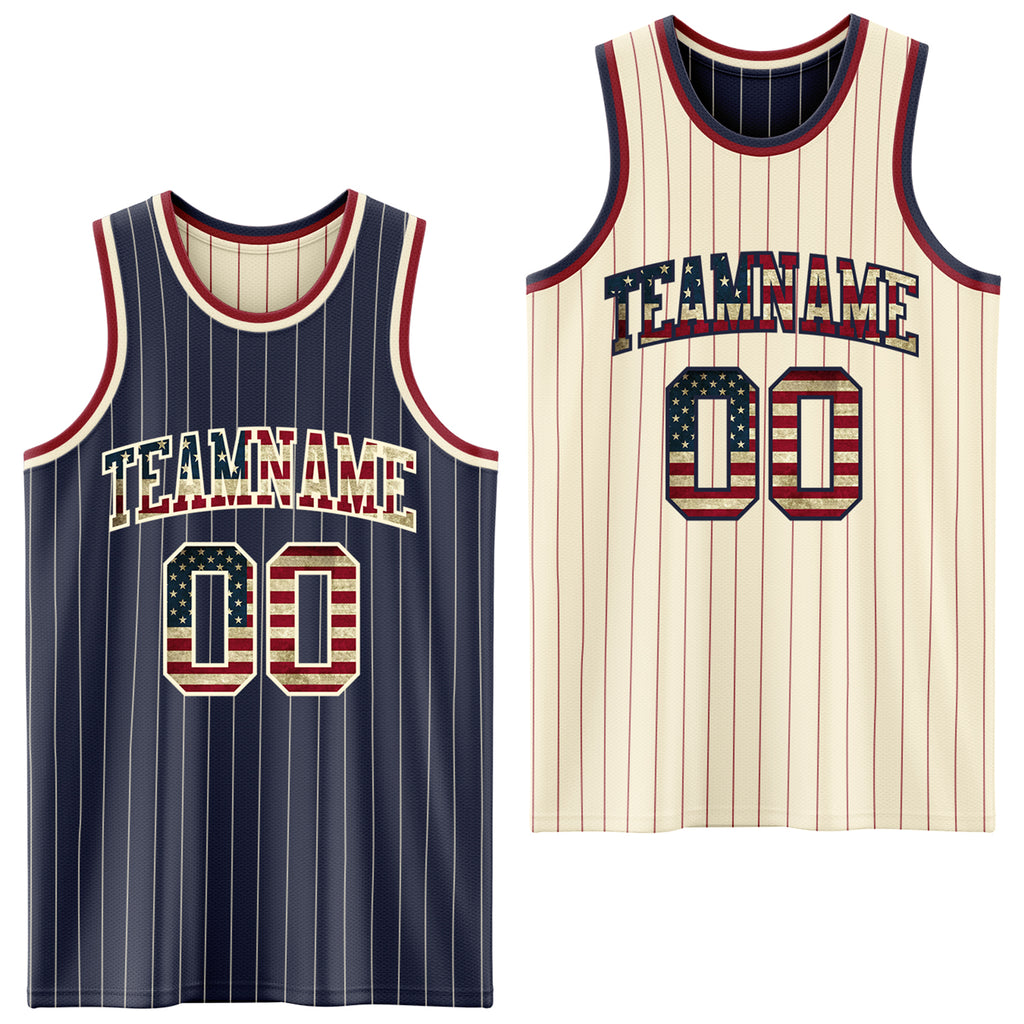 Custom Navy Cream Pinstripe Vintage USA Flag-Maroon Reversible Double Side Sublimation Basketball Set Jersey