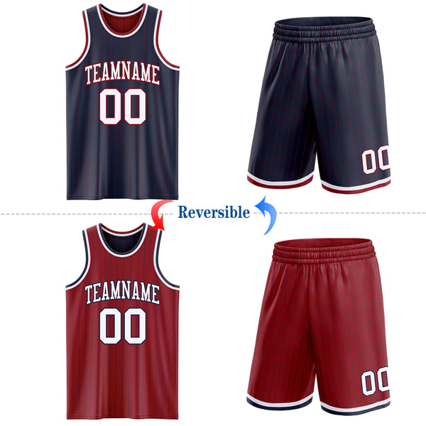Custom Navy Maroon Pinstripe-White Reversible Double Side Sublimation Basketball Set Jersey