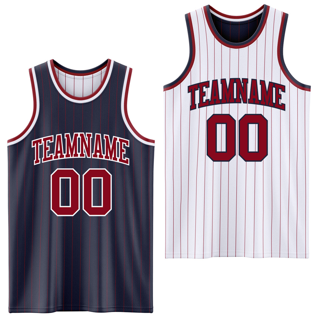Custom Navy Maroon Pinstripe-White Reversible Double Side Sublimation Basketball Set Jersey