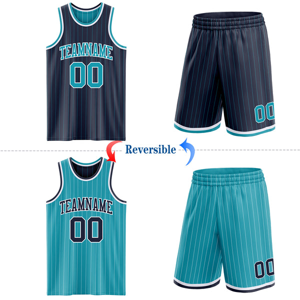Custom Navy Teal Pinstripe-White Reversible Double Side Sublimation Basketball Set Jersey