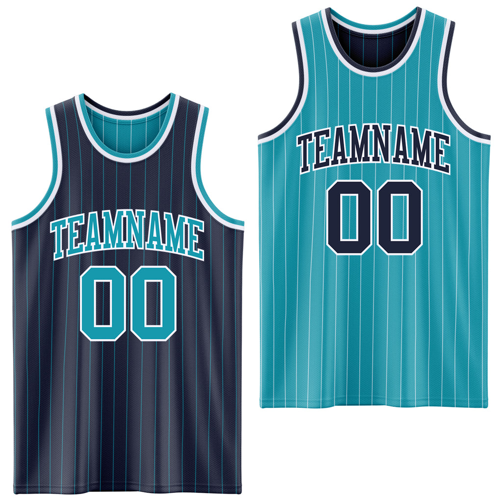 Custom Navy Teal Pinstripe-White Reversible Double Side Sublimation Basketball Set Jersey