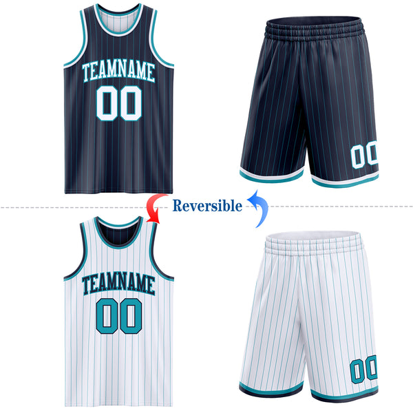 Custom Navy Teal Pinstripe-White Reversible Double Side Sublimation Basketball Set Jersey