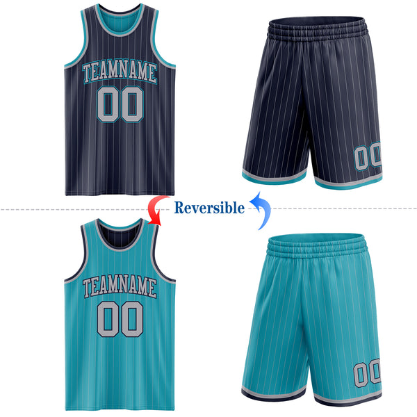 Custom Navy Gray Pinstripe-Teal Reversible Double Side Sublimation Basketball Set Jersey