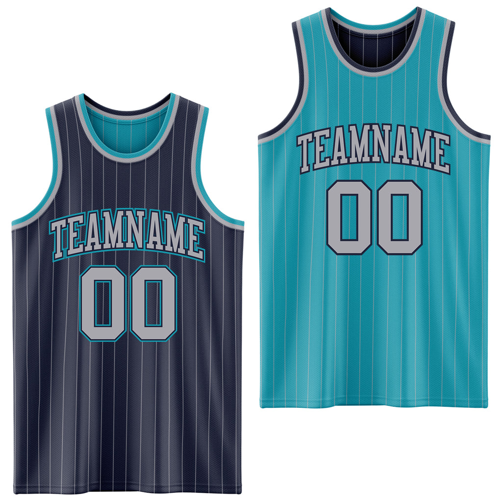 Custom Navy Gray Pinstripe-Teal Reversible Double Side Sublimation Basketball Set Jersey