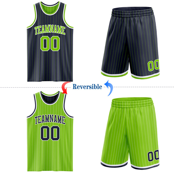 Custom Navy Neon Green Pinstripe-White Reversible Double Side Sublimation Basketball Set Jersey