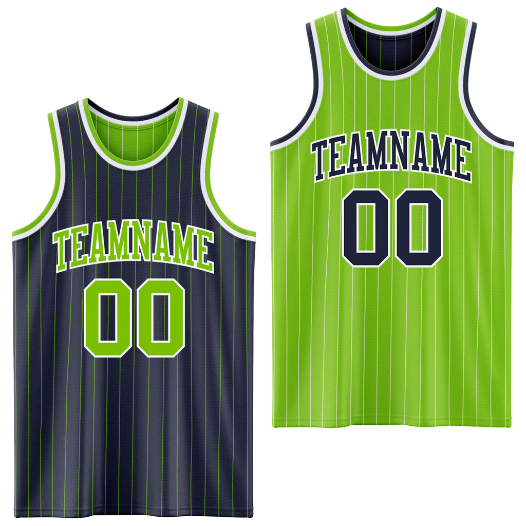 Custom Navy Neon Green Pinstripe-White Reversible Double Side Sublimation Basketball Set Jersey