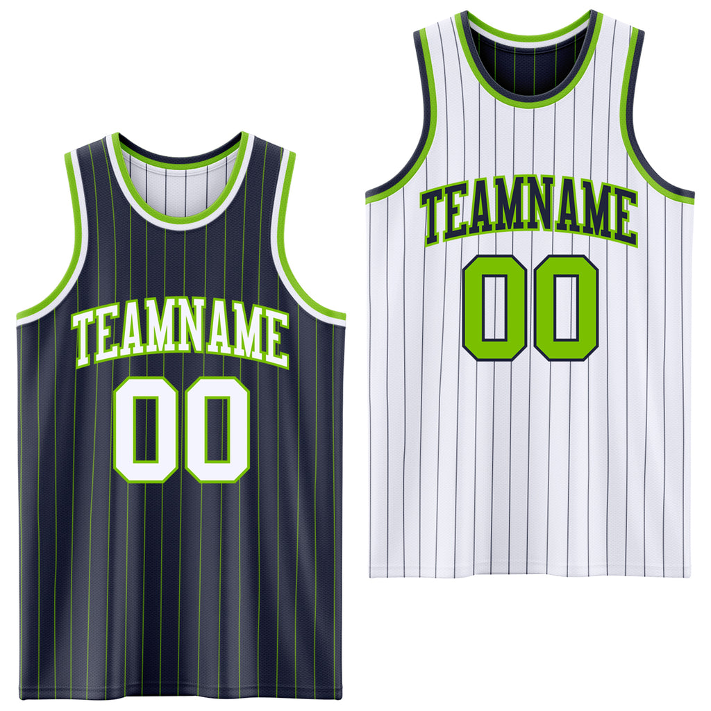 Custom Navy Neon Green Pinstripe-White Reversible Double Side Sublimation Basketball Set Jersey