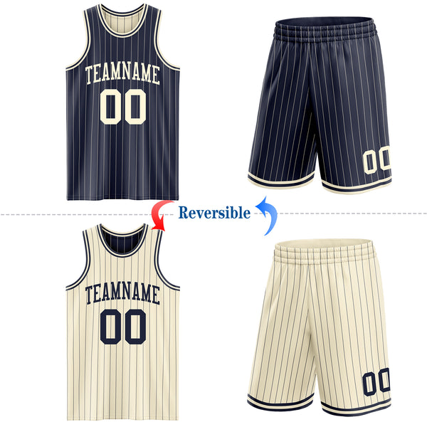 Custom Navy Cream Pinstripe Reversible Double Side Sublimation Basketball Set Jersey