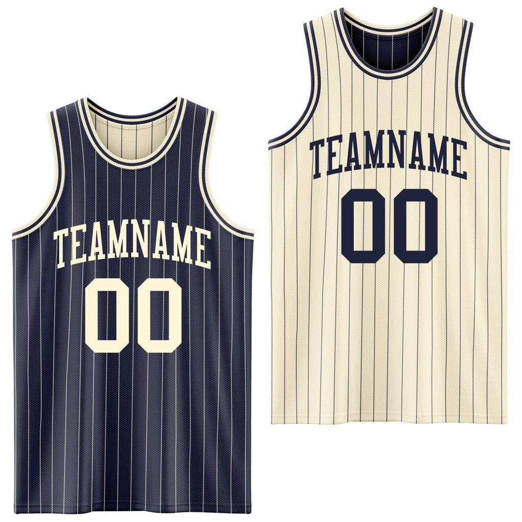 Custom Navy Cream Pinstripe Reversible Double Side Sublimation Basketball Set Jersey