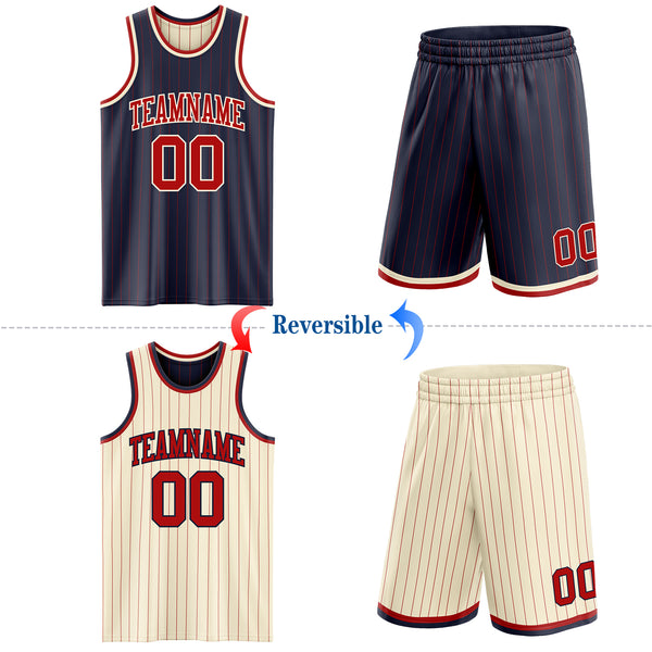 Custom Navy Red Pinstripe-Cream Reversible Double Side Sublimation Basketball Set Jersey