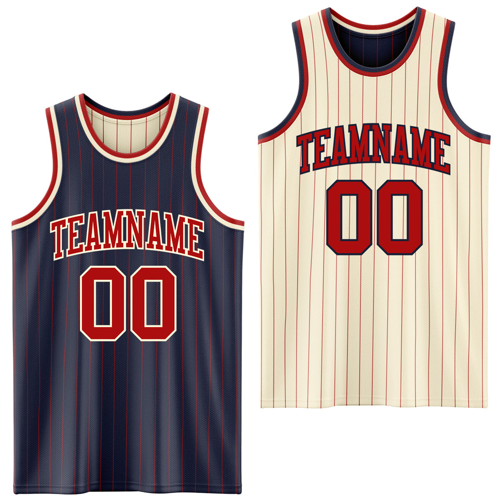 Custom Navy Red Pinstripe-Cream Reversible Double Side Sublimation Basketball Set Jersey
