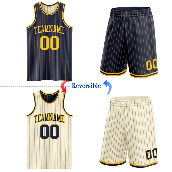Custom Navy Gold & Cream Navy Pinstripe Reversible Double Side Sublimation Basketball Set Jersey
