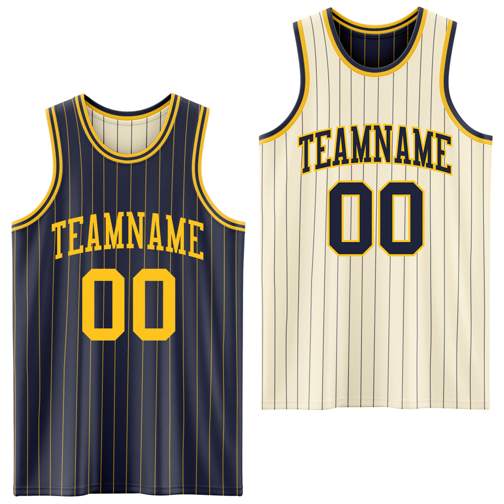 Custom Navy Gold & Cream Navy Pinstripe Reversible Double Side Sublimation Basketball Set Jersey