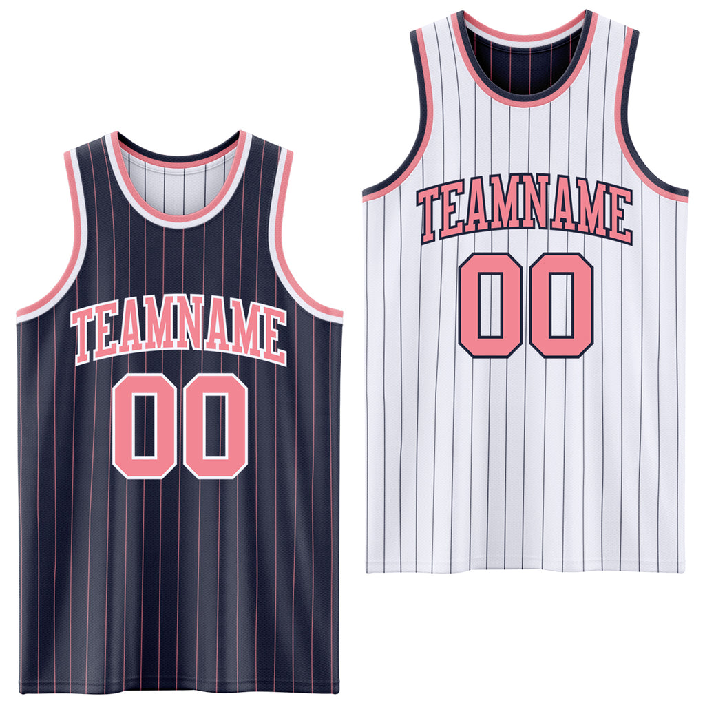 Custom Navy Medium Pink Pinstripe-White Reversible Double Side Sublimation Basketball Set Jersey