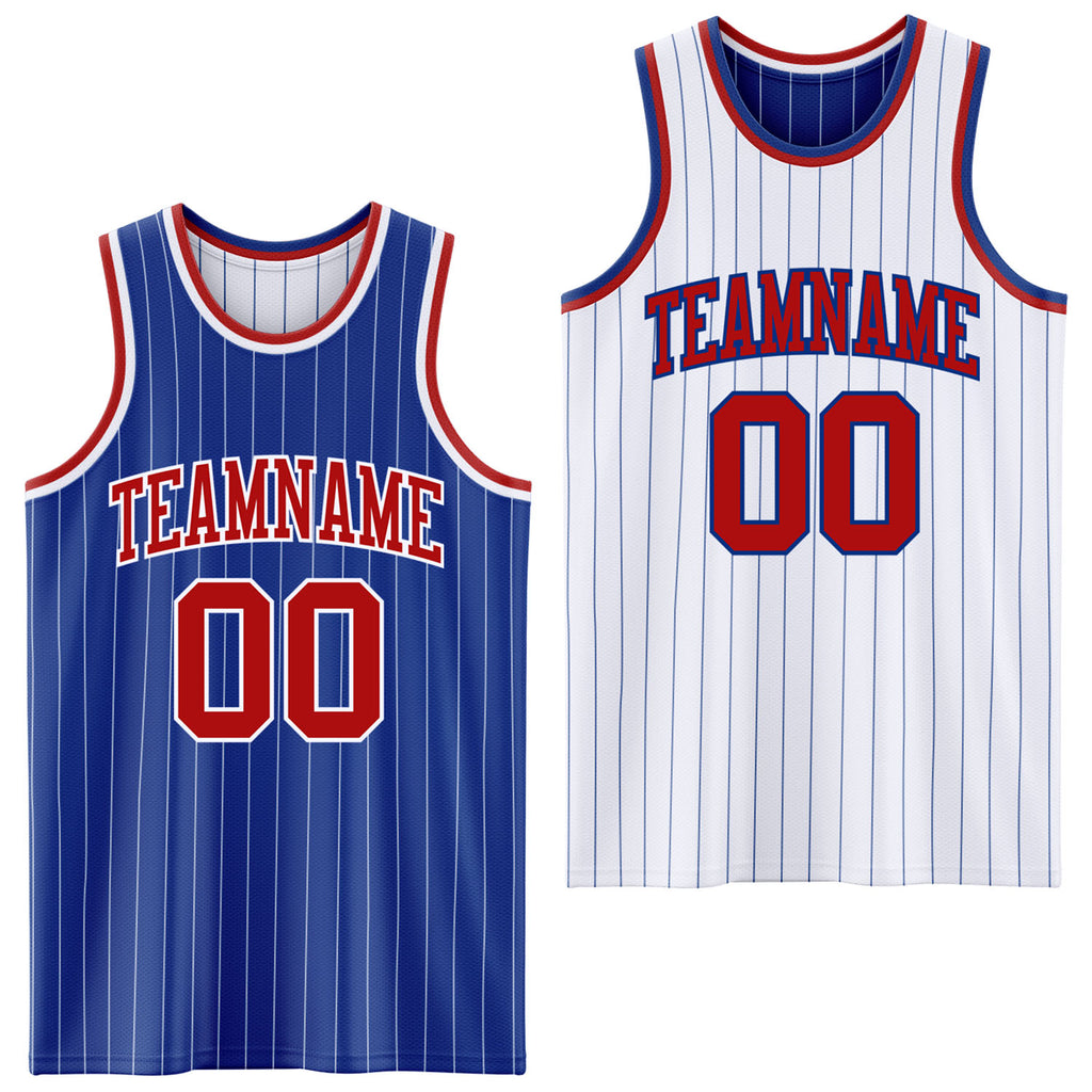 Custom Royal White Pinstripe-Red Reversible Double Side Sublimation Basketball Set Jersey