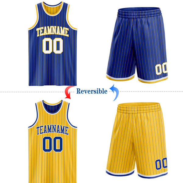 Custom Royal Gold Pinstripe-White Reversible Double Side Sublimation Basketball Set Jersey