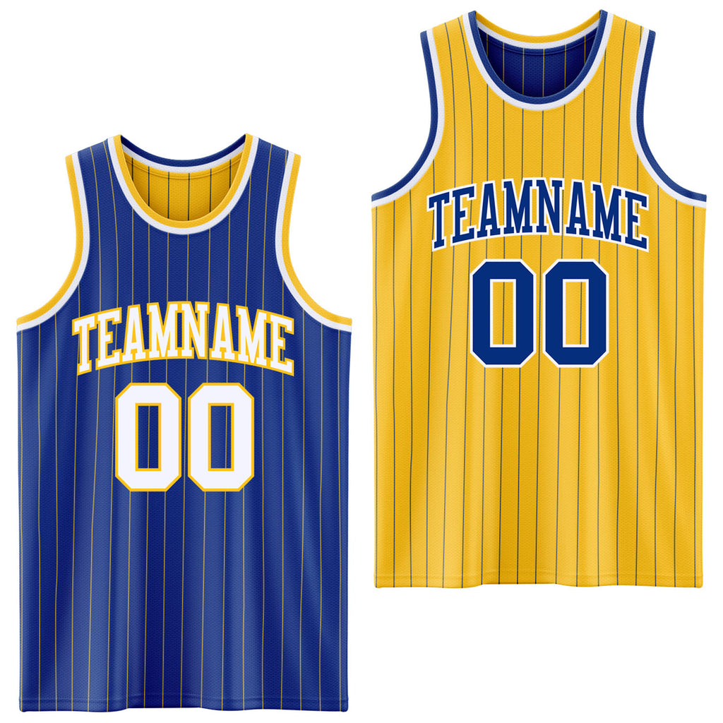 Custom Royal Gold Pinstripe-White Reversible Double Side Sublimation Basketball Set Jersey