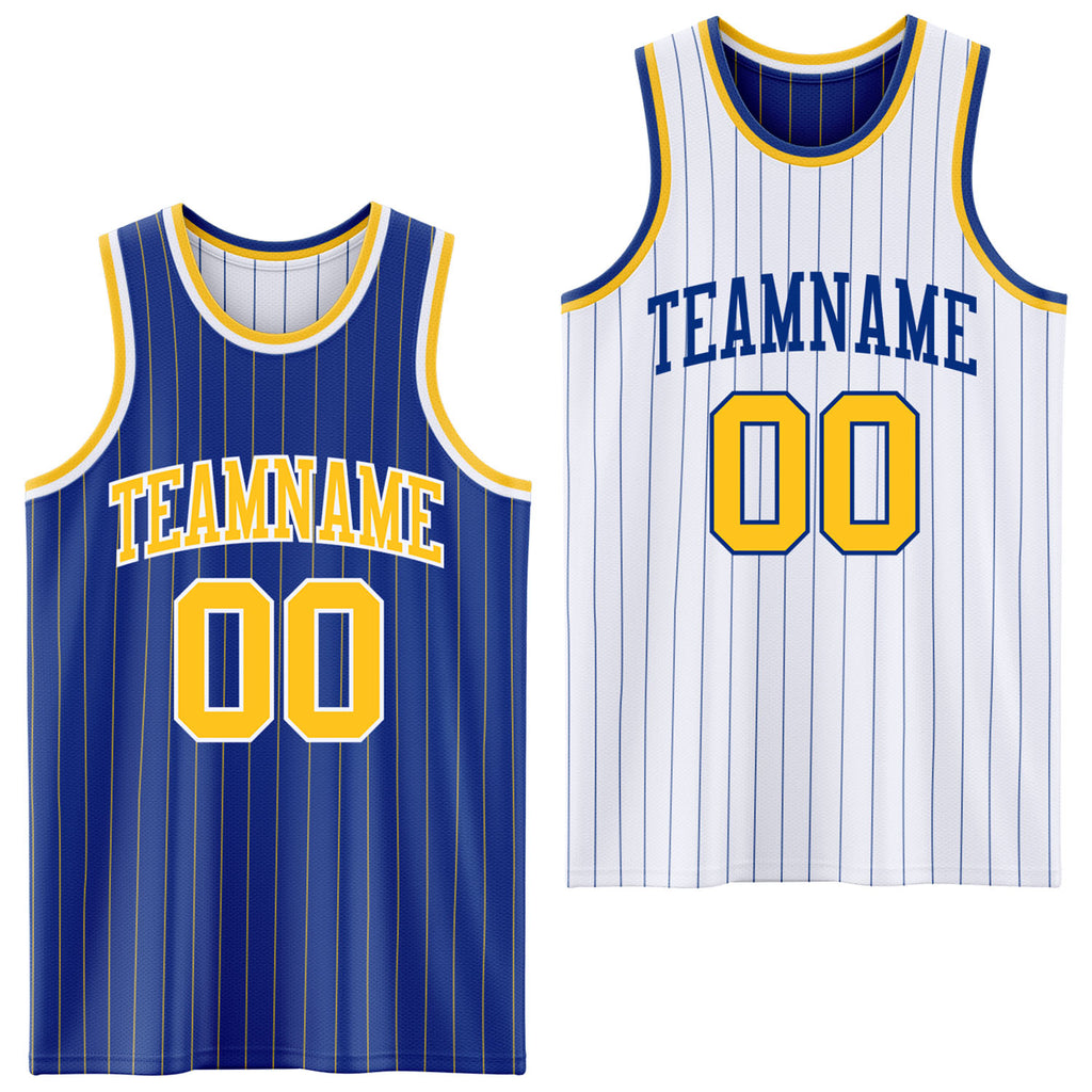 Custom Royal Gold Pinstripe-White Reversible Double Side Sublimation Basketball Set Jersey