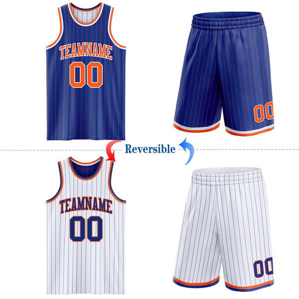Custom Royal Orange Pinstripe-White Reversible Double Side Sublimation Basketball Set Jersey