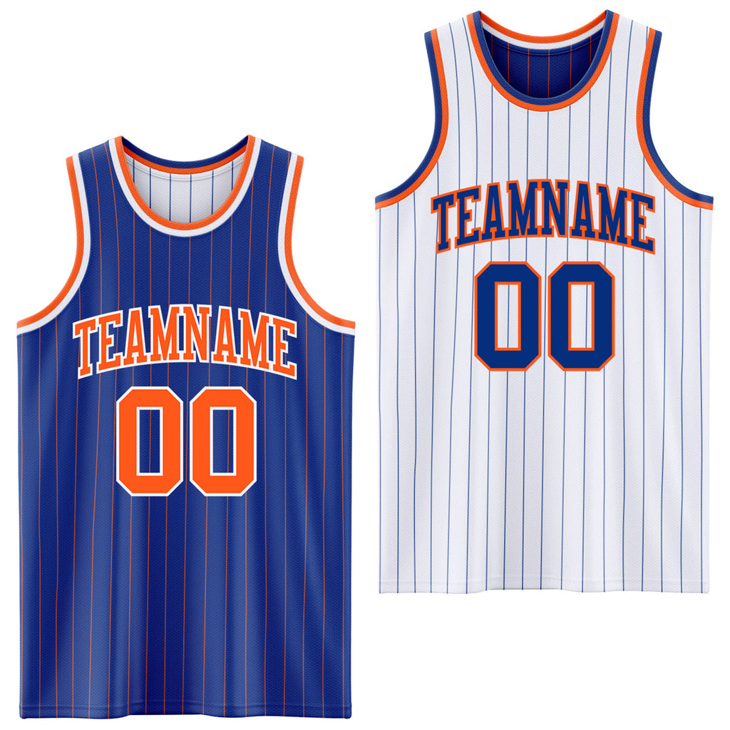 Custom Royal Orange Pinstripe-White Reversible Double Side Sublimation Basketball Set Jersey