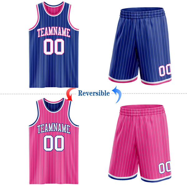 Custom Royal White Pinstripe-Pink Reversible Double Side Sublimation Basketball Set Jersey