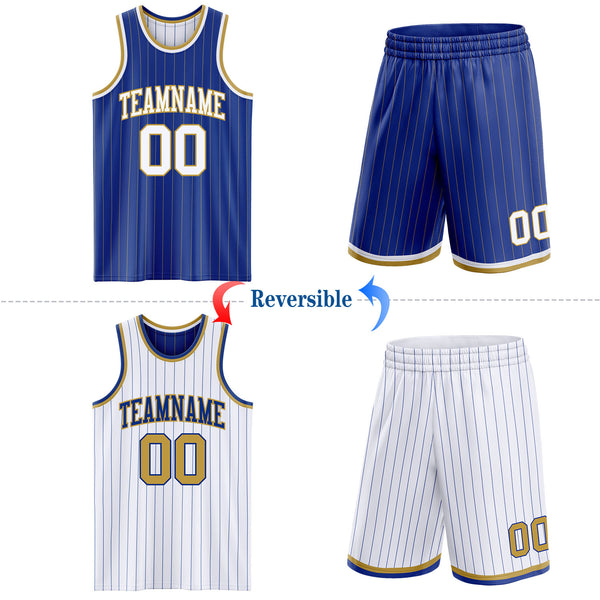 Custom Royal Old Gold Pinstripe-White Reversible Double Side Sublimation Basketball Set Jersey