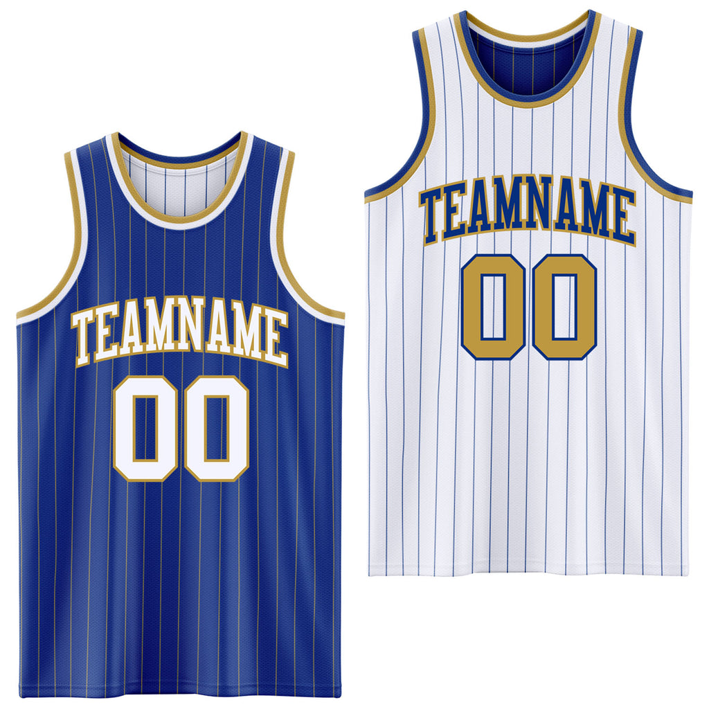 Custom Royal Old Gold Pinstripe-White Reversible Double Side Sublimation Basketball Set Jersey