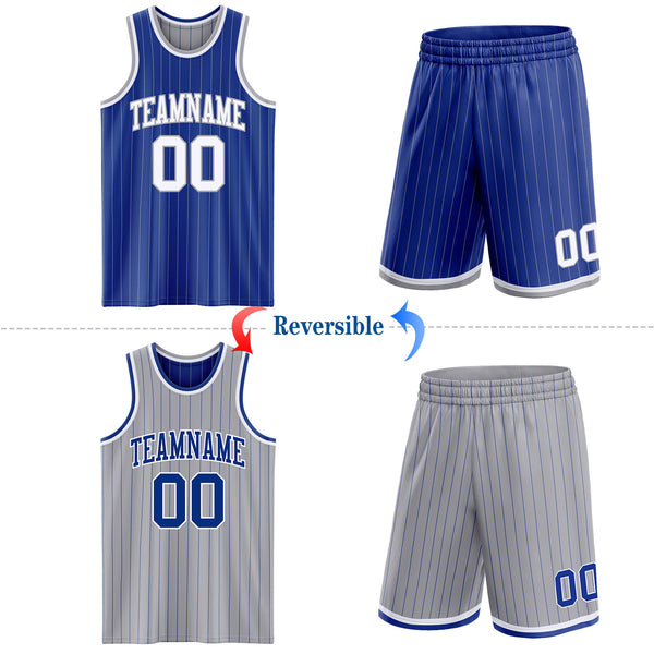 Custom Royal Gray Pinstripe-White Reversible Double Side Sublimation Basketball Set Jersey