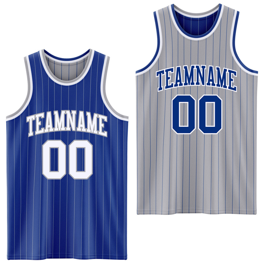 Custom Royal Gray Pinstripe-White Reversible Double Side Sublimation Basketball Set Jersey